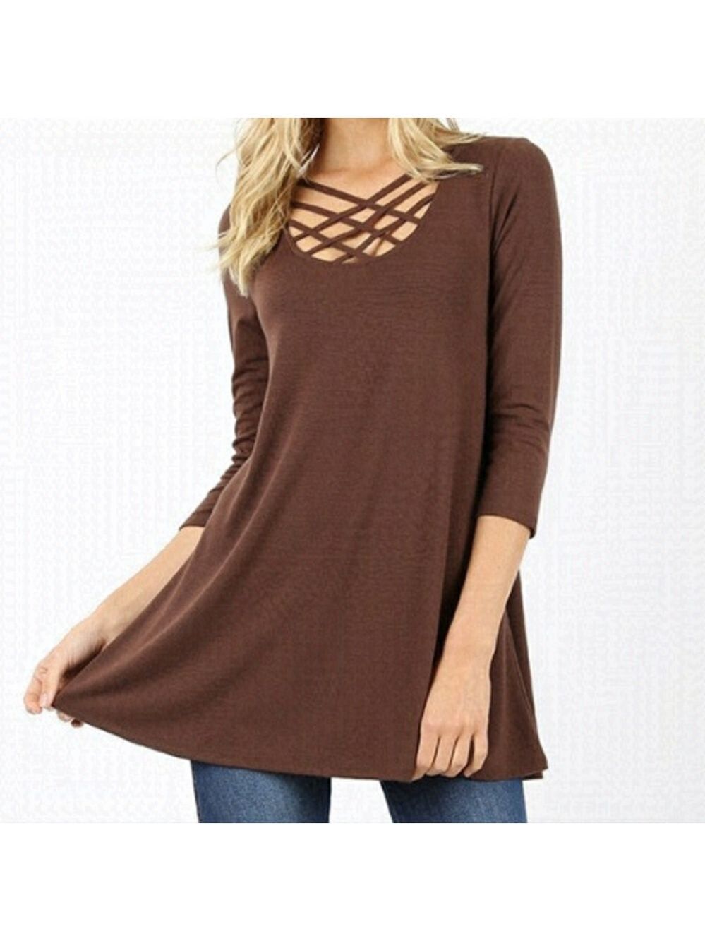 ZENANA 3/4 Sleeve Brown Tunic Top Size Medium NWT